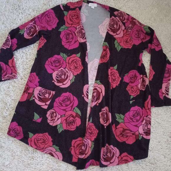 LuLaRoe Women’s Large Cardigan Black Pink Rose Floral Open Front Lightweight - Picture 2 of 9